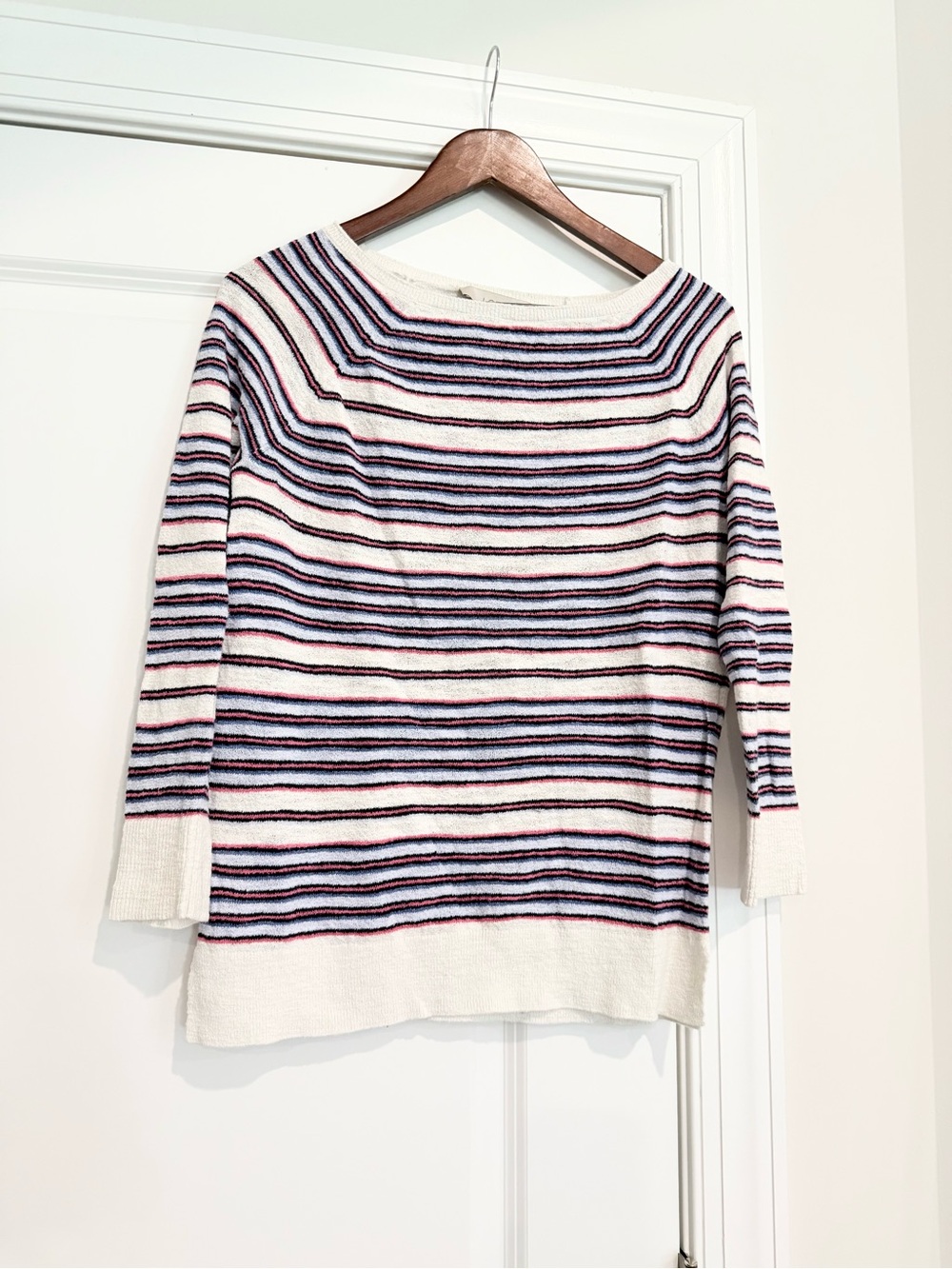 LOFT White Terry Sweater with Navy & Pink Stripes